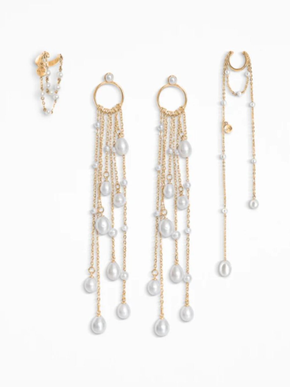 Gold Freshwater Pearl Multi-Chain Dangle Earrings